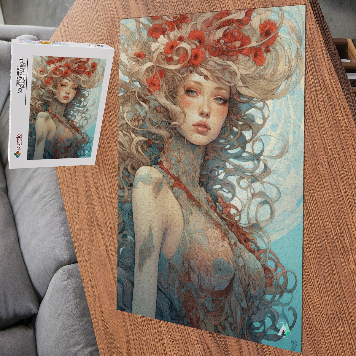Beauty in Bloom II Puzzle features a woman's portrait with flowers in her hair, available in 500 and 1000 pieces, crafted from premium ivory cardboard.