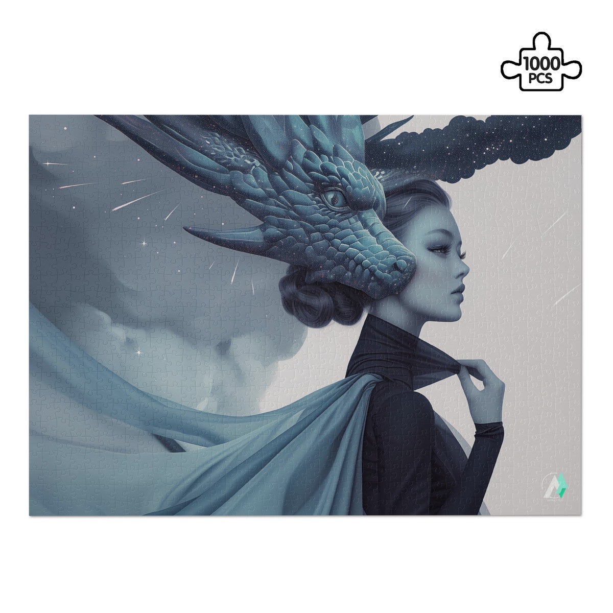 Wyvern Wyre IV Puzzle featuring a woman with a dragon head, available in 500 or 1000 pieces, crafted from premium ivory cardboard.