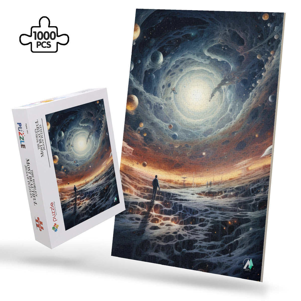 Celestial Portal II Puzzle: A person walks on an alien landscape on a moon with planets in a space scene. Available in 500 or 1000 pieces, featuring premium cardboard.