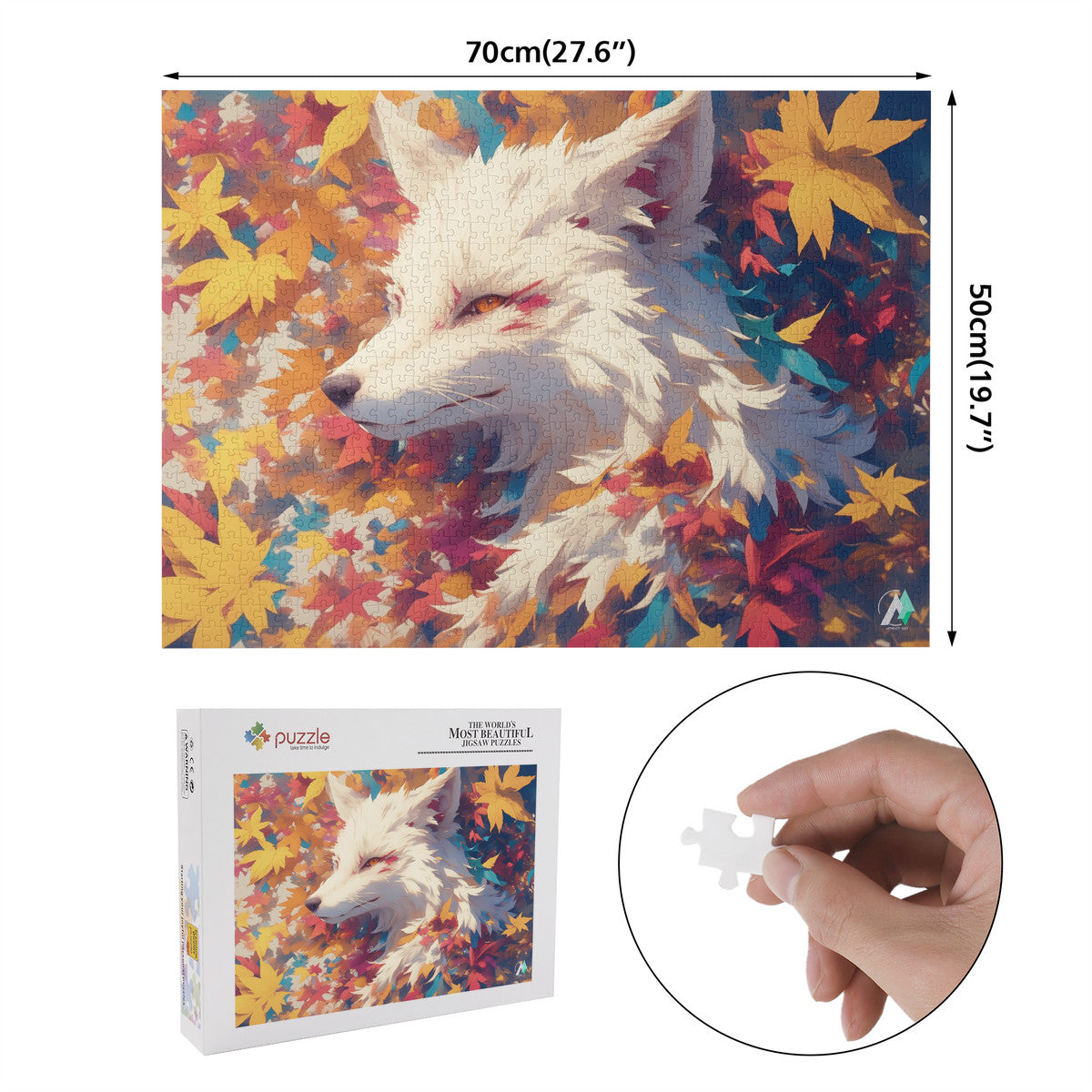 Fall'n for Foxes VI Puzzle features a white fox amidst leaves. Available in 500 or 1000 pieces, crafted from premium cardboard with a satin finish.