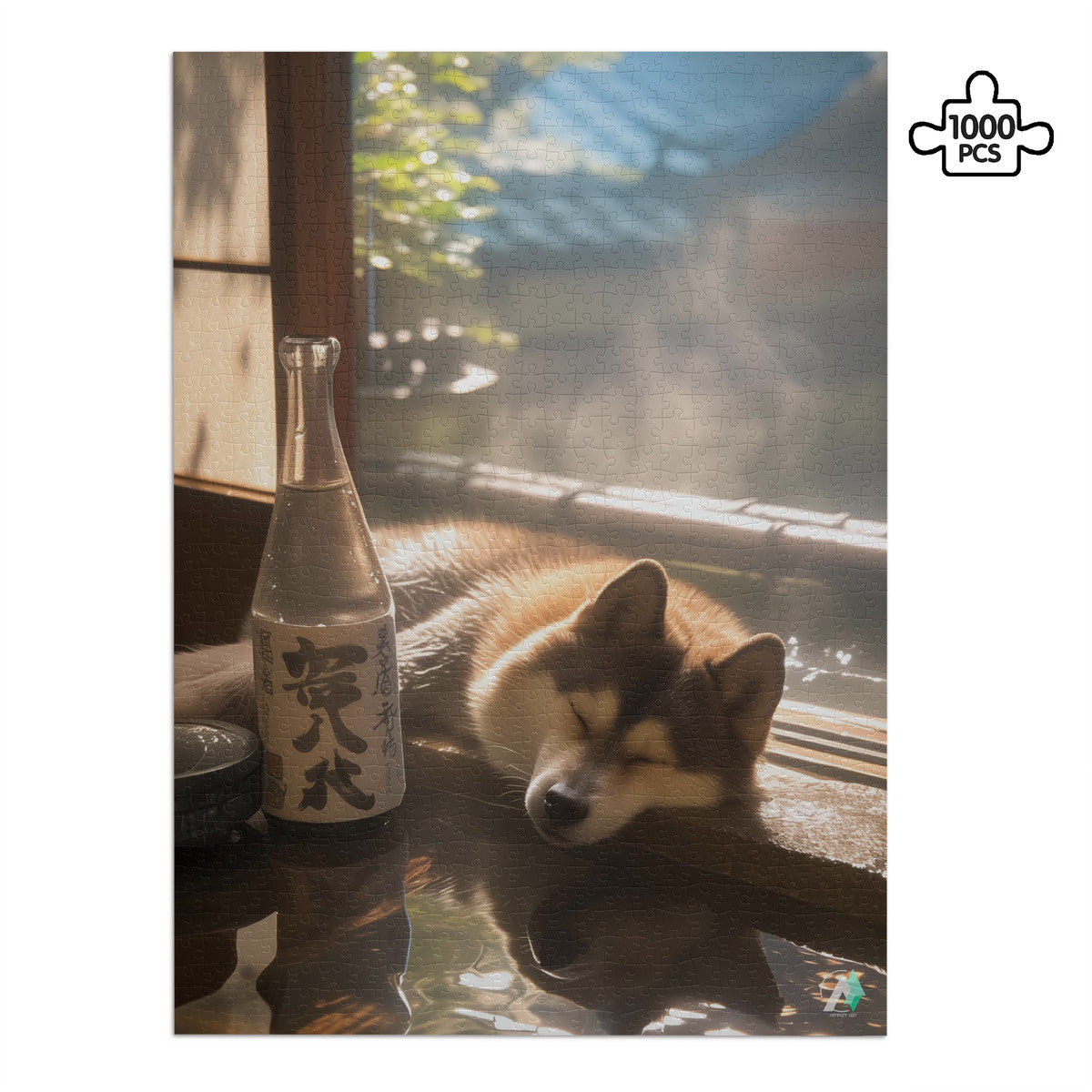 Dozy Dog II Puzzle featuring a sleeping dog, available in 500 and 1000 pieces, crafted from premium ivory cardboard with a satin finish.