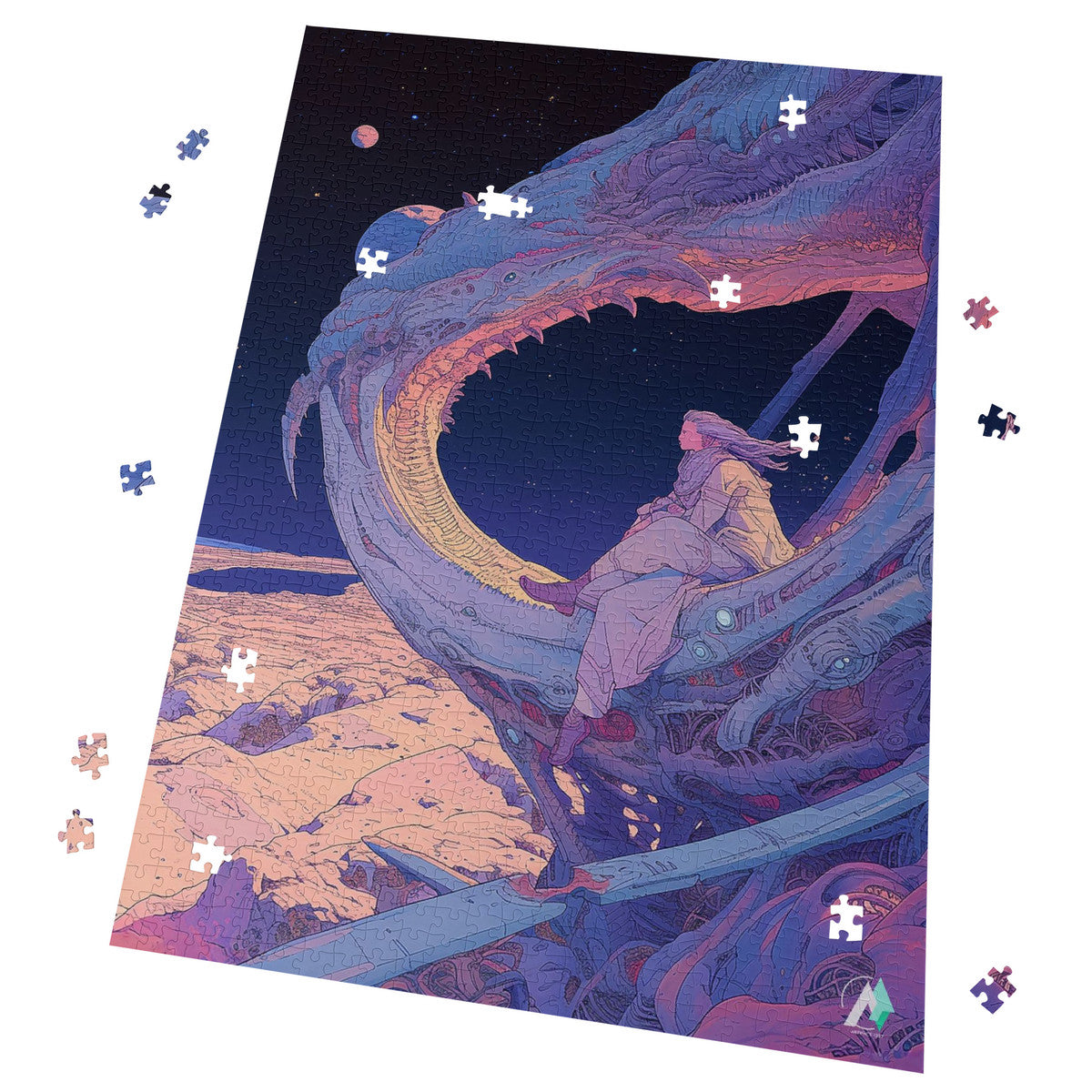 Galleria Galactica X Puzzle: A whimsical jigsaw featuring artwork of a woman overlooking an alien planet, crafted from premium ivory cardboard with a satin finish.