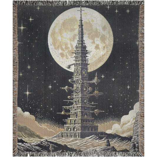 Steampunk Pixelated Spaceport Woven Blanket featuring a large moon and tower design, crafted with 100% cotton for luxurious home decor.