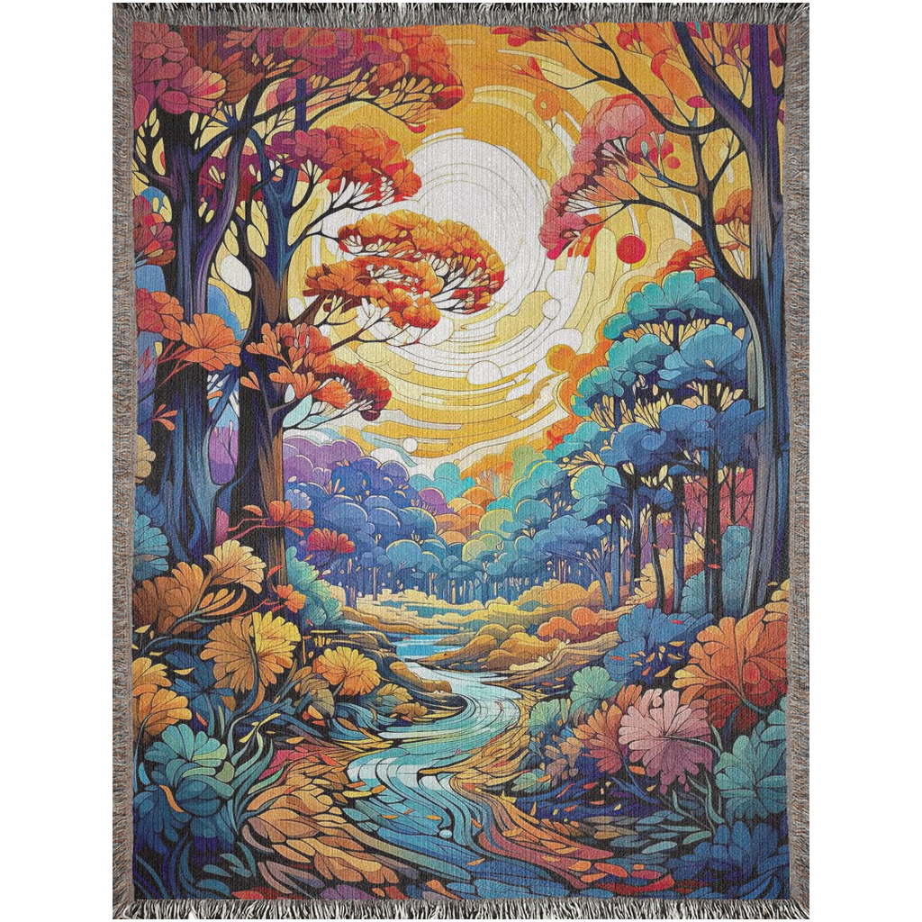 Flowing Serenity Woven Blanket featuring a colorful tapestry of trees and a river, highlighting its luxurious, intricate design.