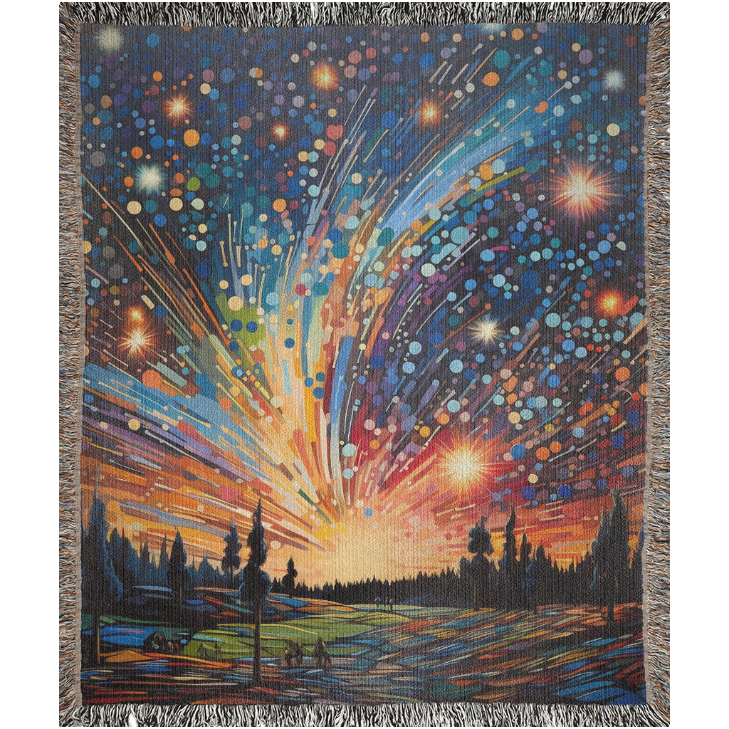 Meteor Shower Woven Blanket featuring an artful depiction of fireworks, adding luxury and personality to your home décor with 100% pure cotton craftsmanship.