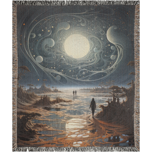 Celestial Portal I Woven Blanket featuring a painting of a person walking on a beach, crafted from 100% cotton for luxurious home decor.