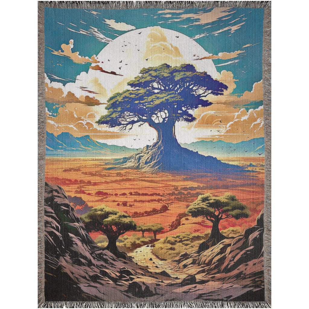 Ancient Sentinel Woven Blanket featuring a tree and moon design, crafted from 100% cotton, ideal for home décor or gifting.