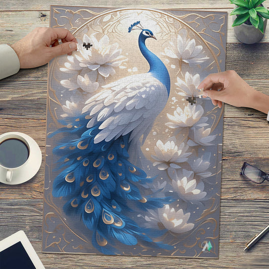 Peacock Nouveau I Puzzle featuring intricate peacock artwork by @shinjoku13, available in 500 and 1000 pieces, crafted from premium ivory cardboard.