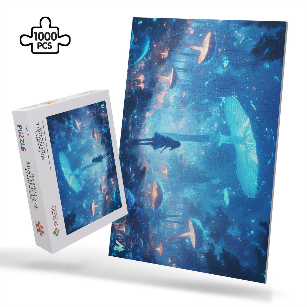 Forest of Magic VII Puzzle: A mystical girl in a mushroom-filled forest, available in 500 or 1000 pieces, featuring premium ivory cardboard with satin finish.