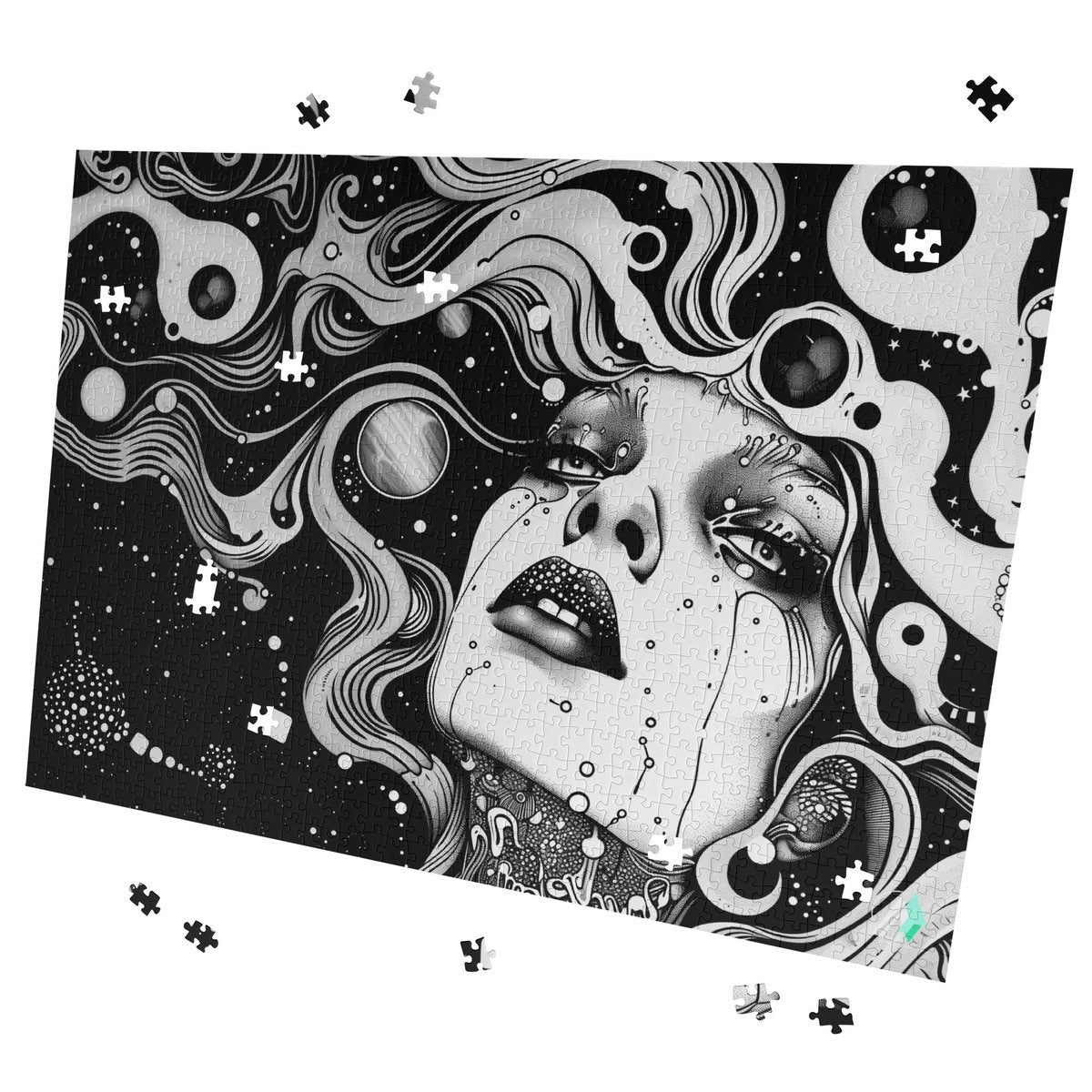 Discernment II Puzzle featuring a woman's face illustration by @shinjoku13, available in 500 and 1000 pieces, premium cardboard with satin finish.
