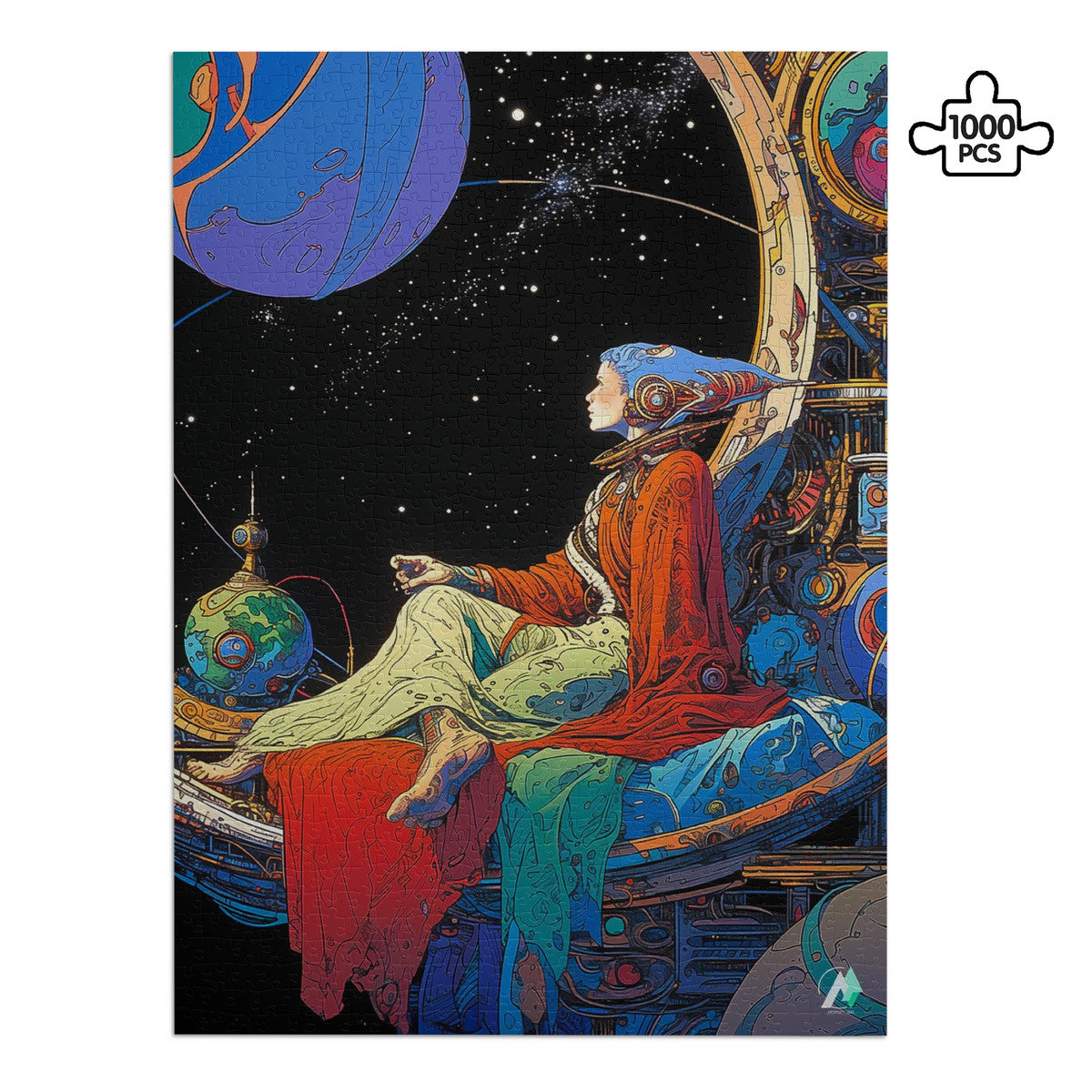 Galleria Galactica III Puzzle: Illustration of a woman sitting on a spaceship; available as a 500 or 1000-piece premium jigsaw puzzle.