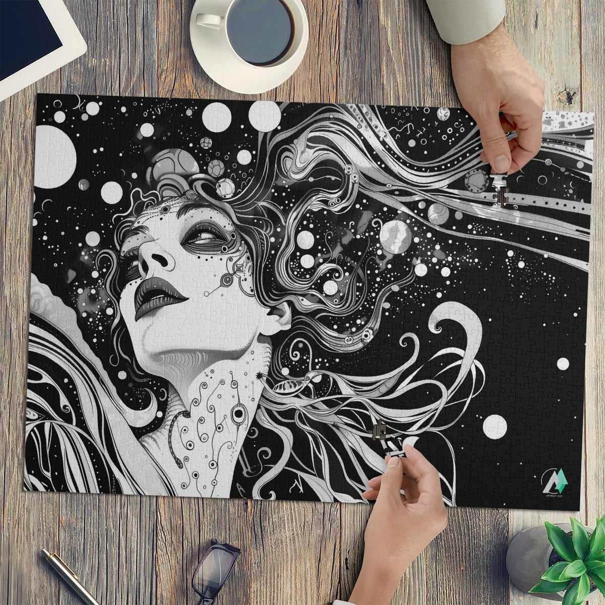 Discernment I Puzzle featuring a black and white illustration of a woman's face, available in 500 or 1000 pieces, by artist @shinjoku13.