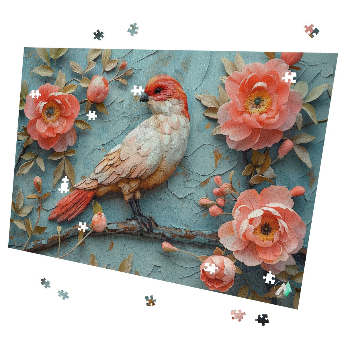 Blossom's Balladeer II Puzzle featuring a bird perched on a branch amidst flowers, available in 500 or 1000 pieces, crafted from premium ivory cardboard.
