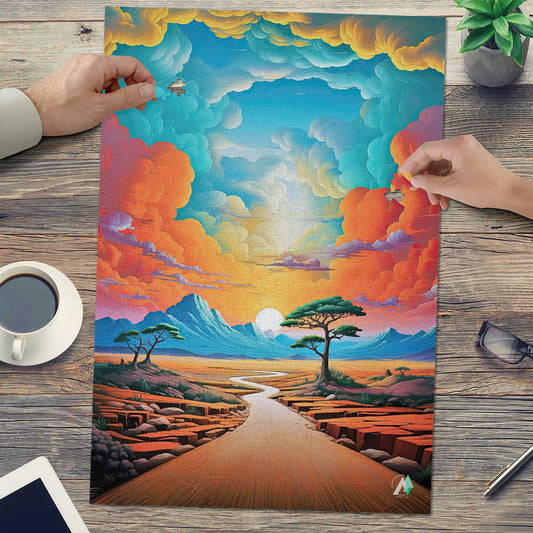 Surreal Desert Road Puzzle featuring a scenic road with trees and mountains, available in 500 and 1000 pieces, crafted from premium ivory cardboard.