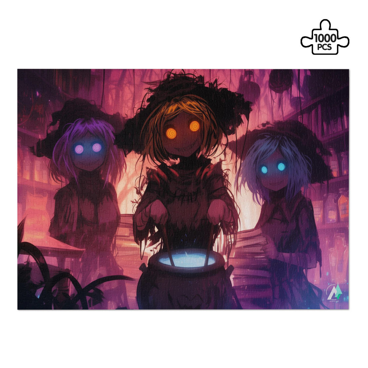 Three Sisters Brew Puzzle featuring anime-inspired artwork of glowing-eyed women, available in 500 and 1000 pieces, crafted on premium ivory cardboard.