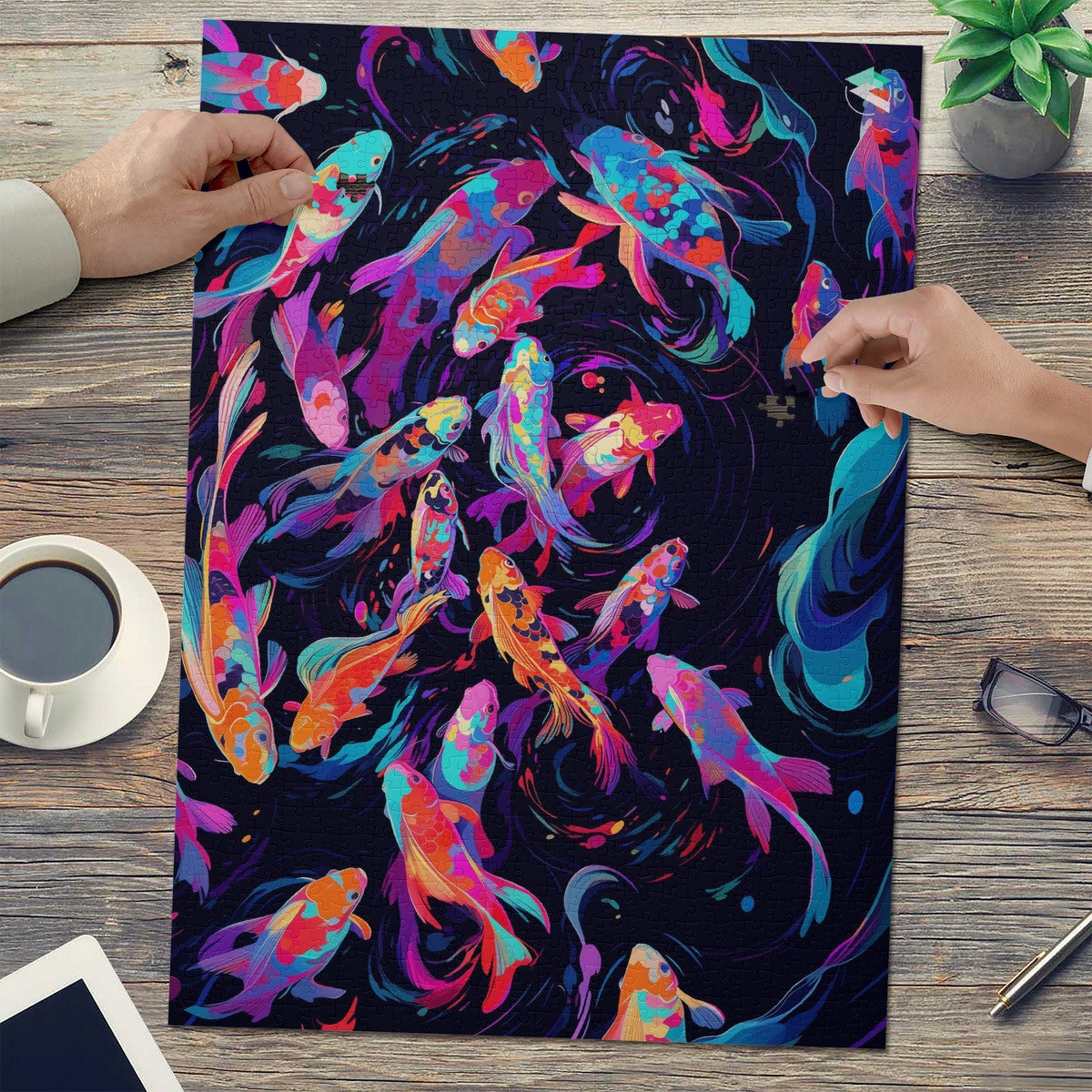Neon Nishikigoi Koi Puzzle featuring vibrant fish artwork, available in 500 or 1000 pieces, crafted from premium ivory cardboard with a satin finish.