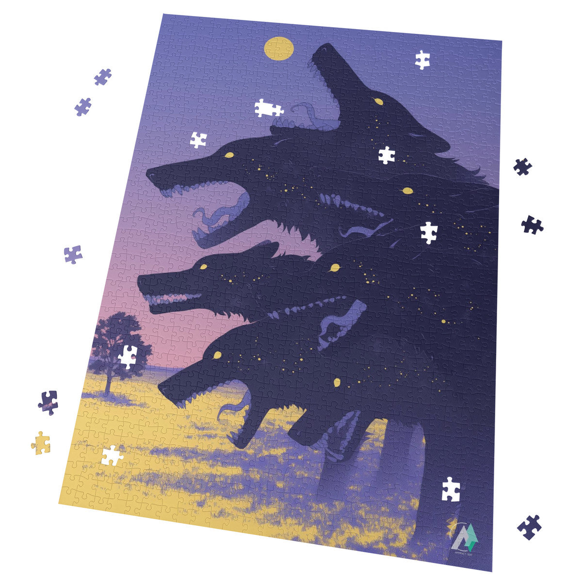 Hounds Unleashed IX Puzzle: A jigsaw puzzle depicting a group of wolves, available in 500 or 1000 pieces, crafted from premium ivory cardboard.