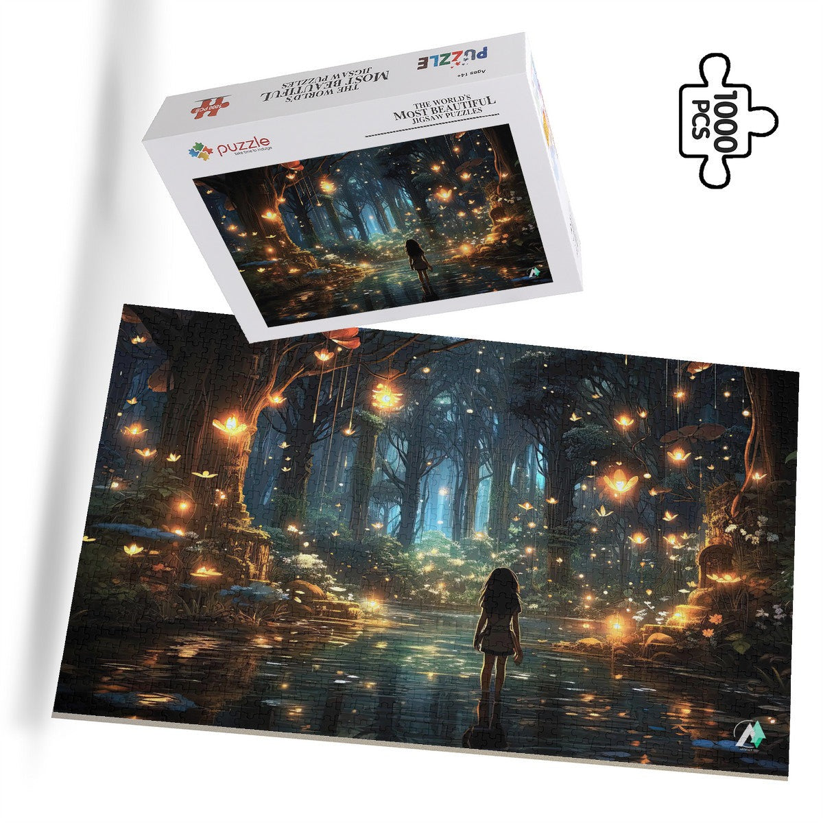 Forest of Magic I Puzzle featuring a girl in a mystical forest, available in 500 or 1000 pieces, made from premium ivory cardboard with a satin finish.