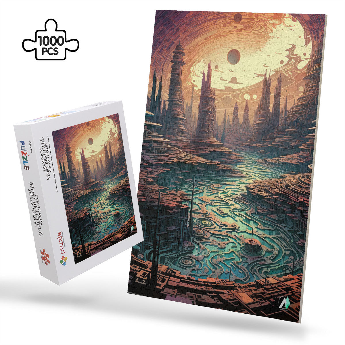 Jigsaw World Puzzle featuring a landscape with mountains and clouds, available in 500 or 1000 pieces, crafted from premium ivory cardboard.