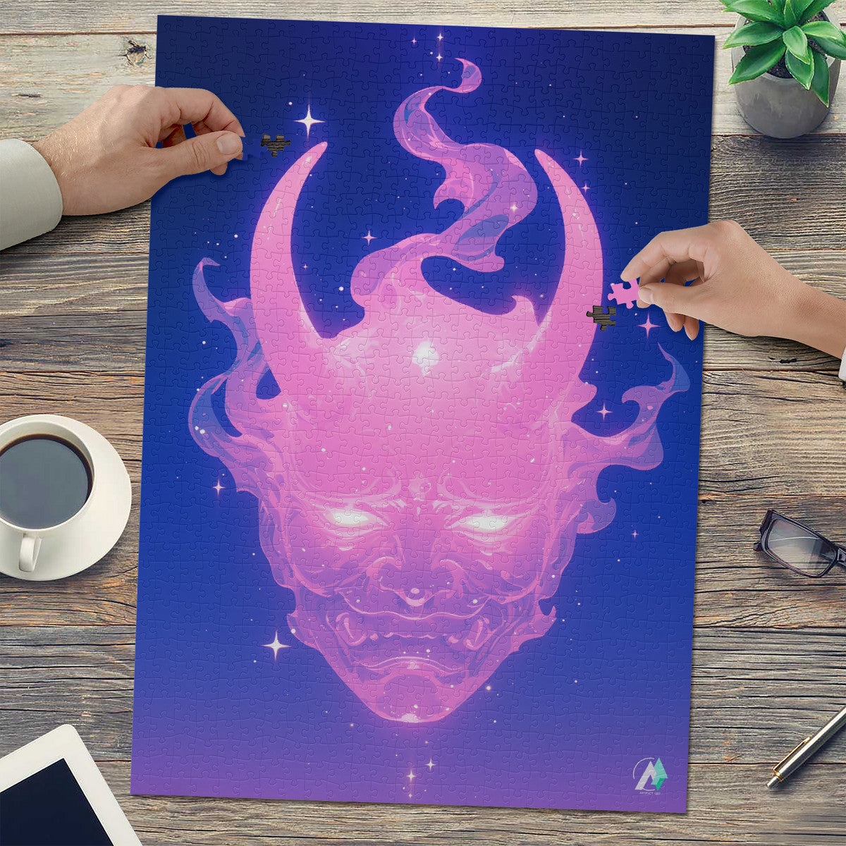Oni Spirit Mask VI Puzzle, depicting a face with horns, available in 500 or 1000 pieces, crafted from premium ivory cardboard with a satin finish.