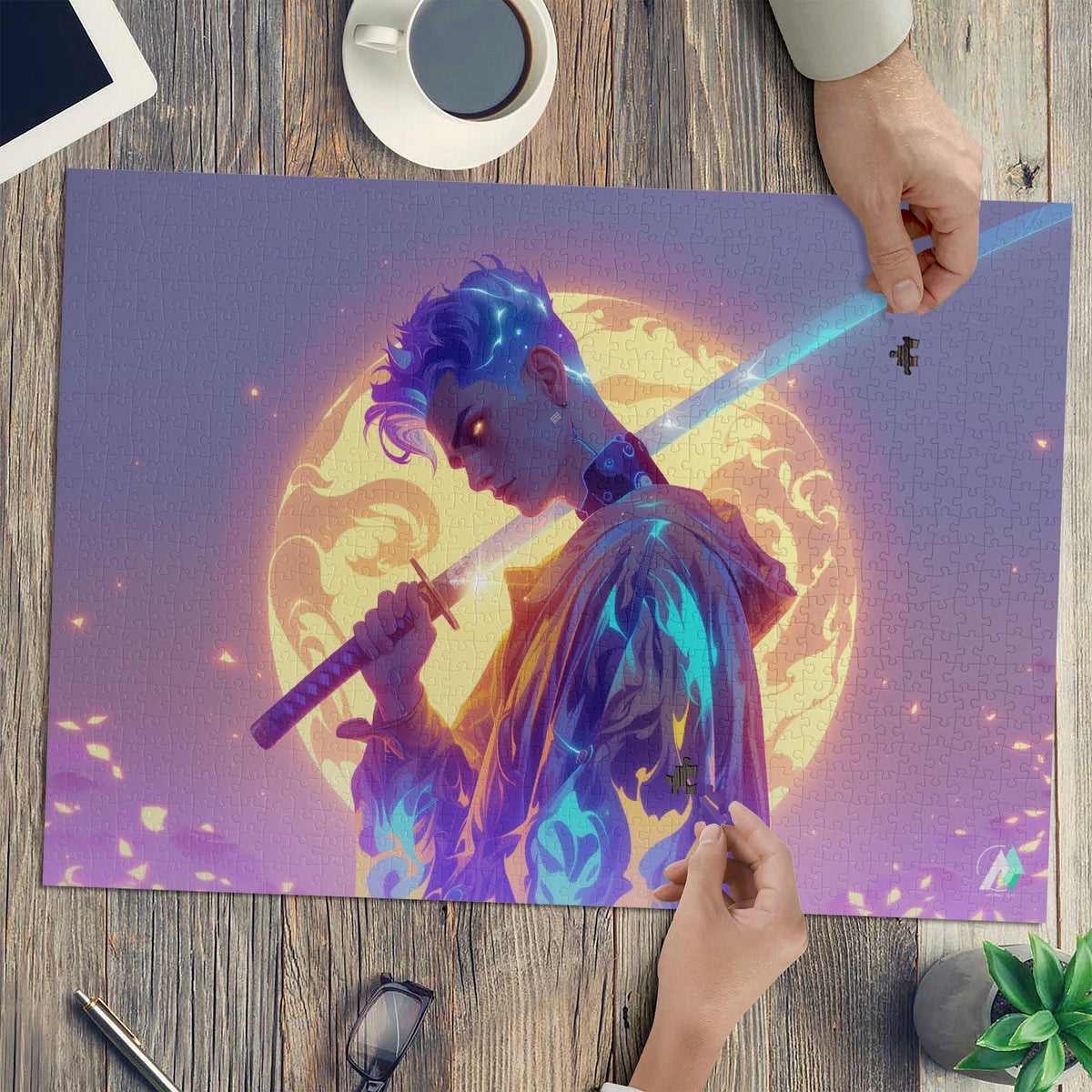 Cy Ber Ne Tic II Puzzle featuring a man with blue hair holding a sword, available in 500 or 1000 pieces, made from premium ivory cardboard.