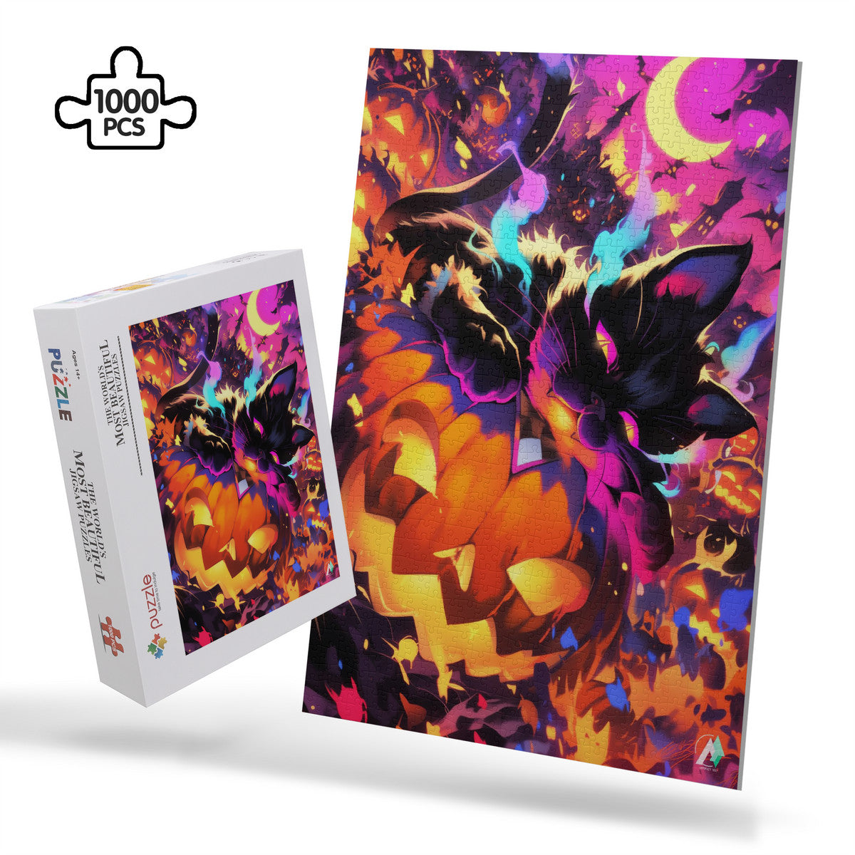 Puzzle featuring a cat and pumpkin, titled Pumpkin Patch Pirate I, available in 500 or 1000 pieces, crafted on premium ivory cardboard.