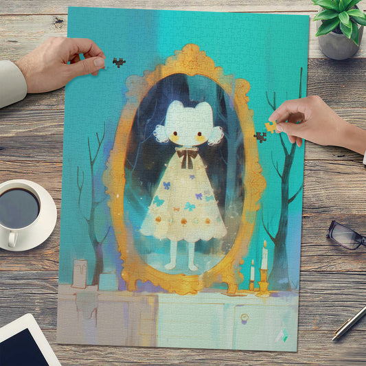 Little House of Horrors X Puzzle featuring whimsical cartoon art of a girl that resembles a cat, available in 500 or 1000 pieces.