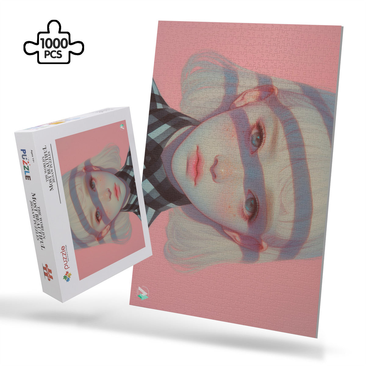 Surreal Feminine VI Puzzle: A detailed puzzle of a girl's portrait with shadows, featuring premium cardboard and artwork by @shinjoku13. Available in 500 and 1000 pieces.