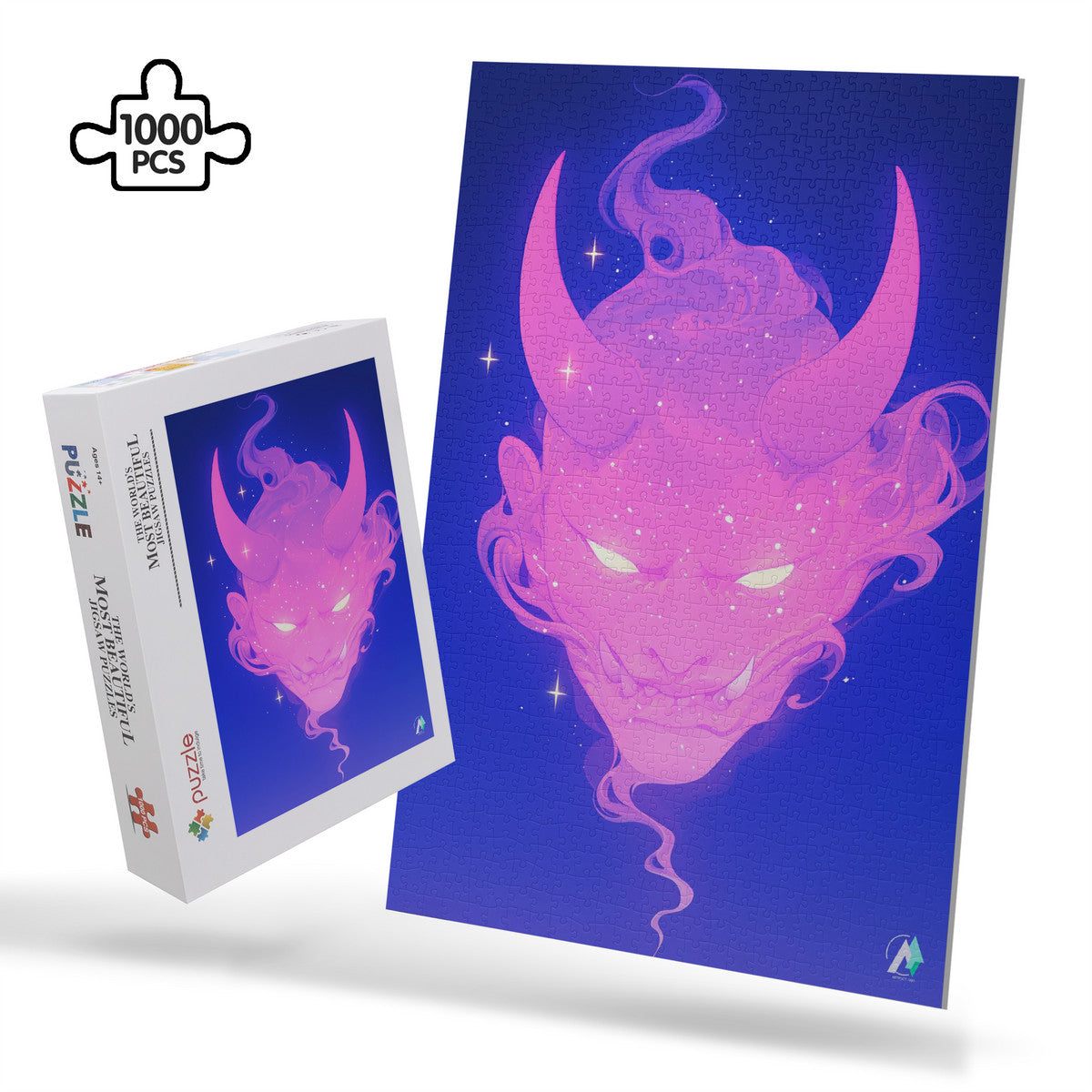 Oni Spirit Mask II Puzzle featuring a pink devil face design, available in 500 and 1000 pieces, crafted from premium ivory cardboard.
