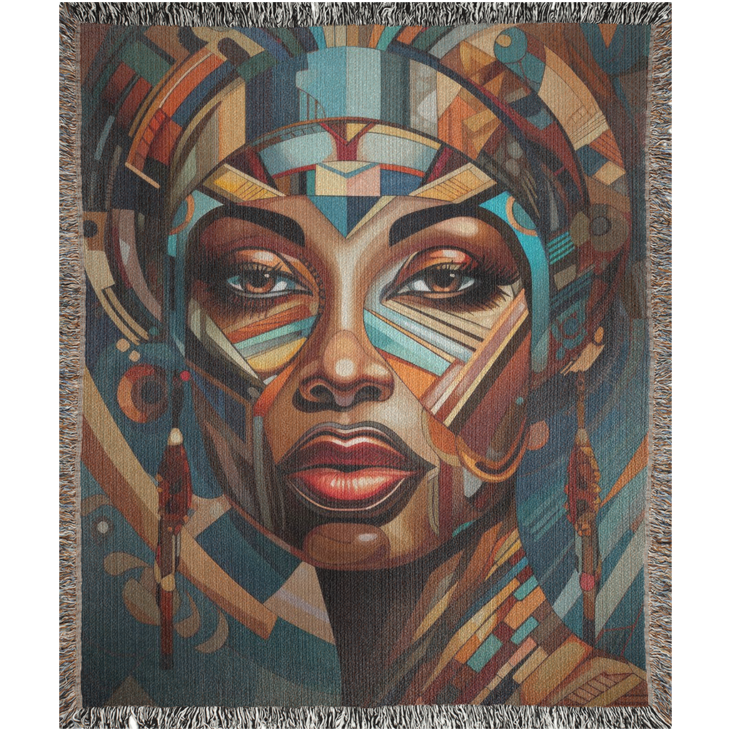 Cubist Beauty II Woven Blanket featuring a woman's face in a colorful tapestry, made from 100% cotton, perfect for home décor or gifting.