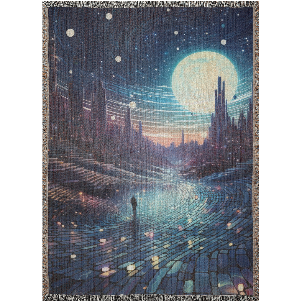 Future Urbanscape I woven blanket, depicting abstract art of a person on a road, blending luxury and style for home decor.