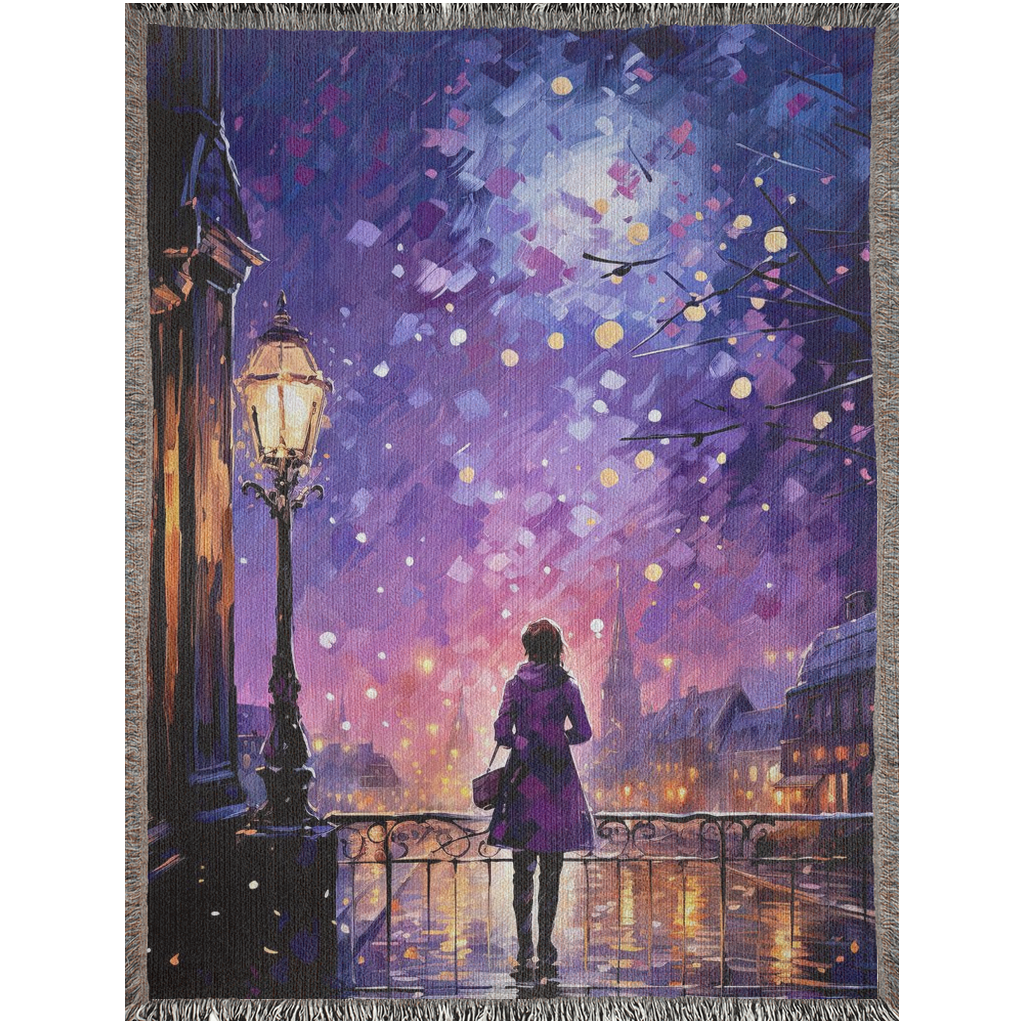 Paris in Lavender II woven blanket featuring an artistic depiction of a woman on a balcony, adding luxury and personality to home decor.