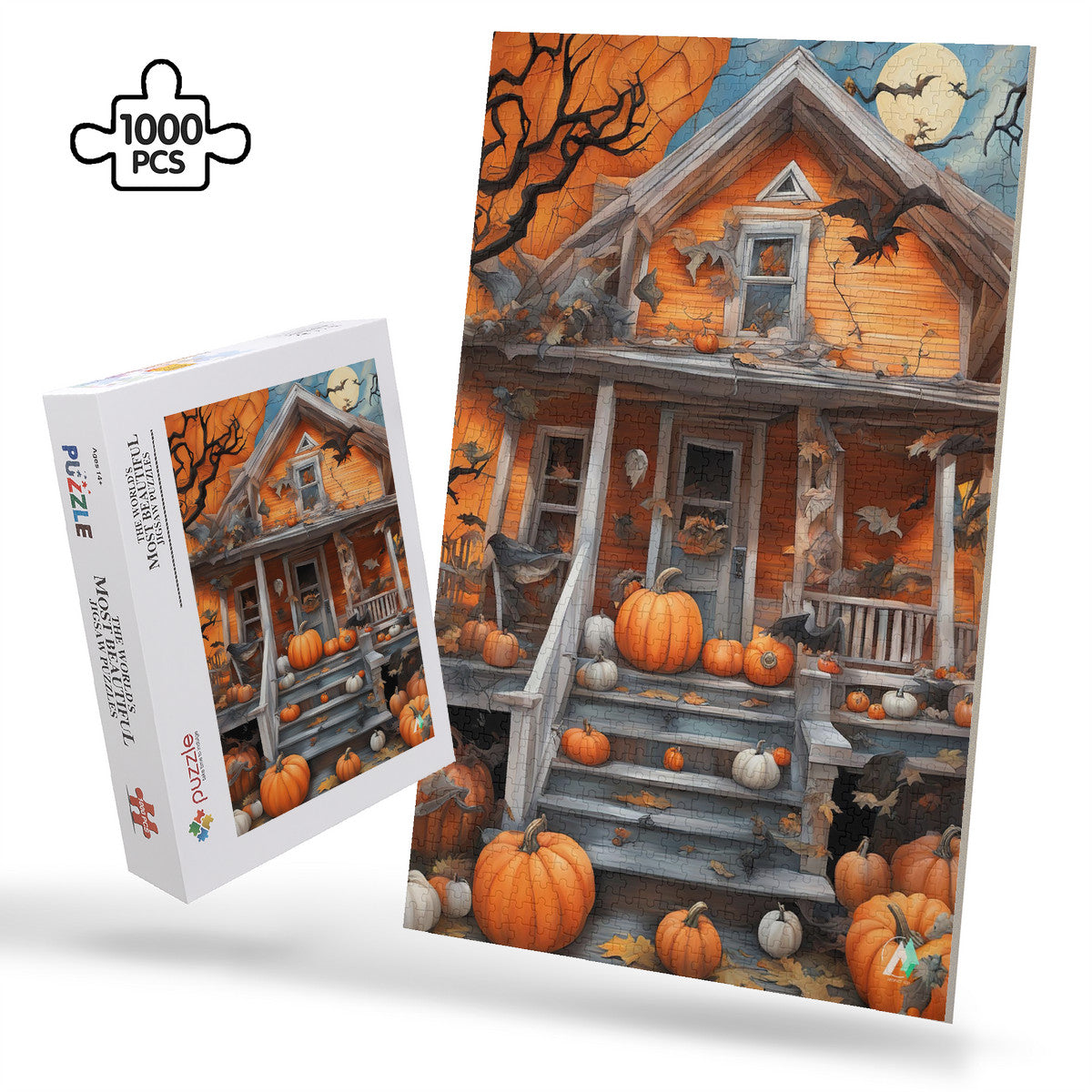 Pumpkin House puzzle featuring a whimsical house surrounded by pumpkins and bats, available in 500 and 1000 pieces, made from premium ivory cardboard.