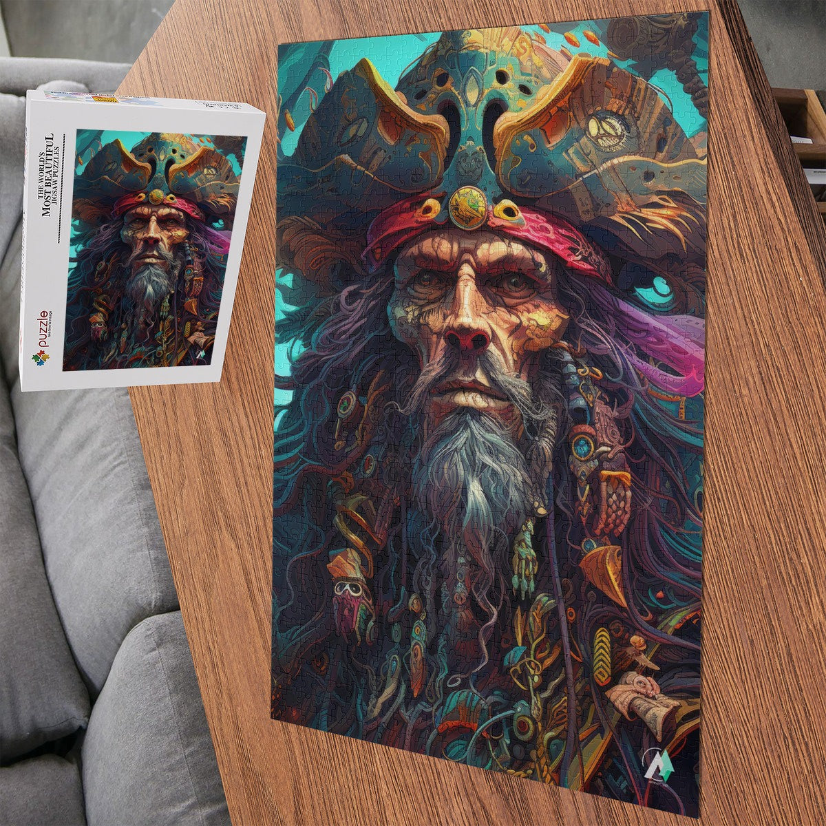 Pirate Lord II Puzzle: A 500 or 1000-piece jigsaw featuring a bearded man with a pirate hat, crafted from premium ivory cardboard.