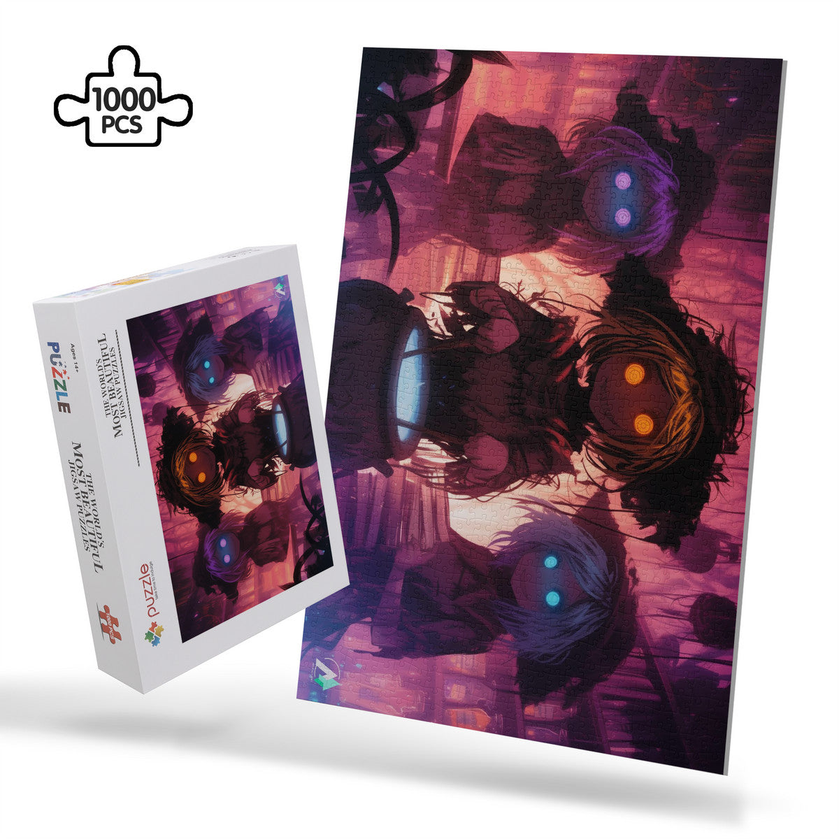 Three Sisters Brew Puzzle featuring anime-inspired artwork of glowing-eyed women, available in 500 and 1000 pieces, crafted on premium ivory cardboard.