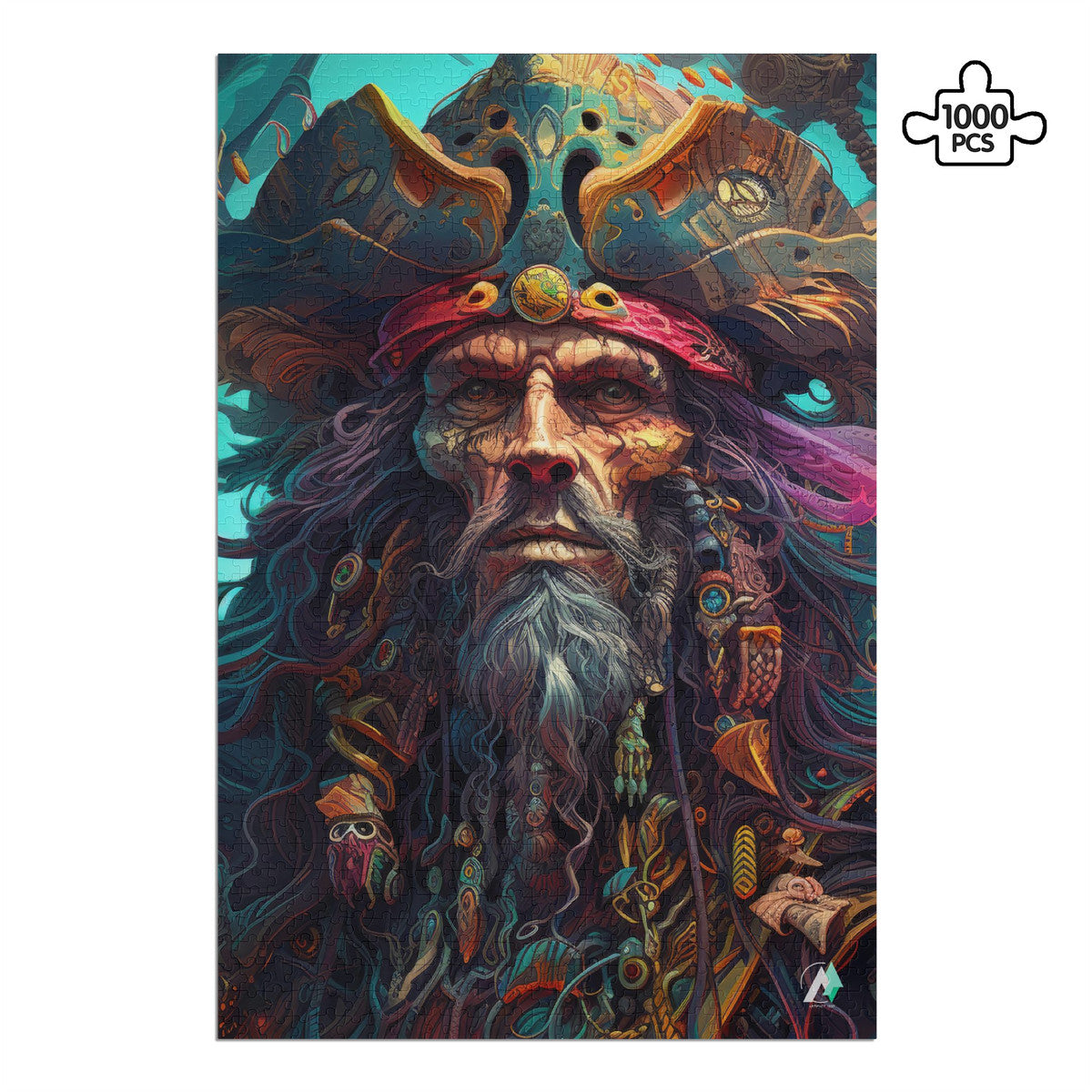 Pirate Lord II Puzzle: A 500 or 1000-piece jigsaw featuring a bearded man with a pirate hat, crafted from premium ivory cardboard.