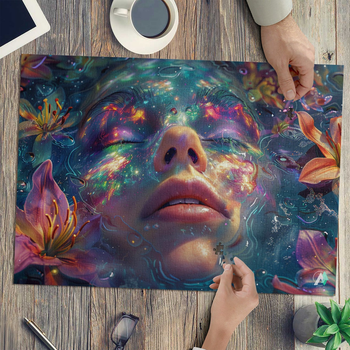 Emergence III Puzzle featuring a woman's face with flowers, available in 500 or 1000 pieces, crafted from premium ivory cardboard with a satin finish.