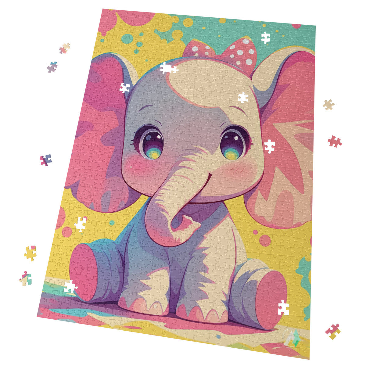 Chibi Safari Elephant Puzzle featuring a cartoon elephant design, available in 500 or 1000 pieces, crafted from premium ivory cardboard with a satin finish.