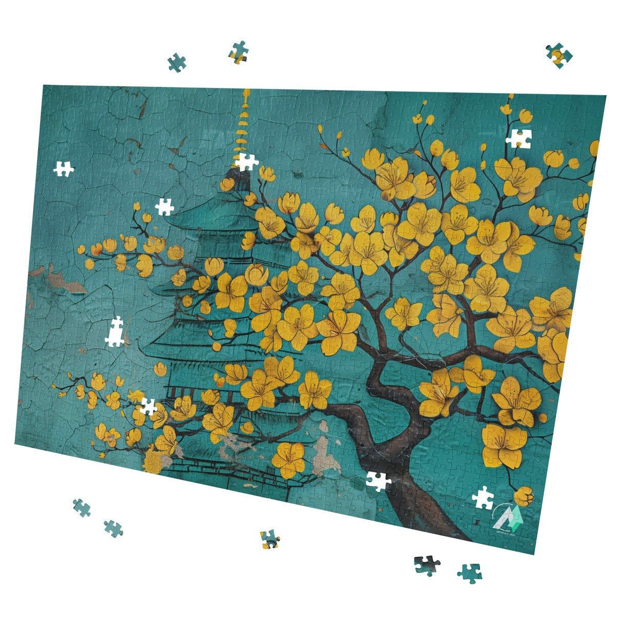 Blossoms Graffiti Puzzle featuring a tree with yellow flowers, available in 500 or 1000 pieces, crafted from premium ivory cardboard with a satin finish.