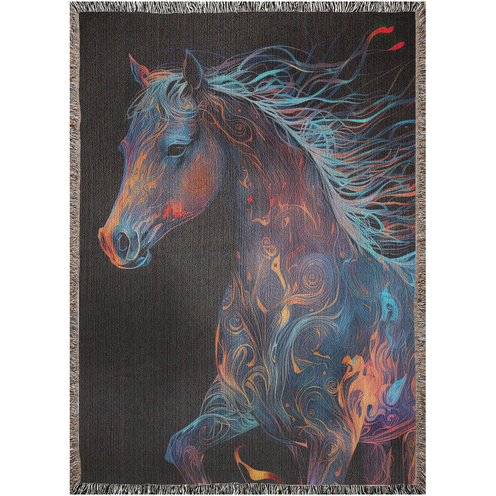 Embermane Woven Blanket featuring a vibrant horse painting, crafted from 100% cotton for a luxurious and durable home accent.
