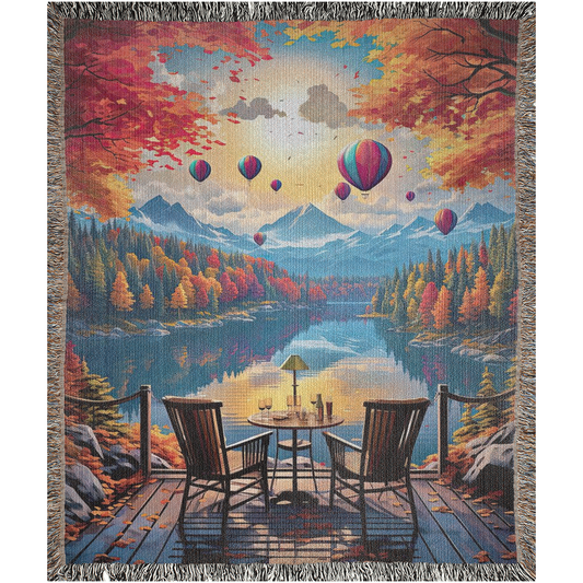 Autumn Lake Balloons Woven Blanket draped over a chair on a deck, with a scenic lake and hot air balloons in the background.