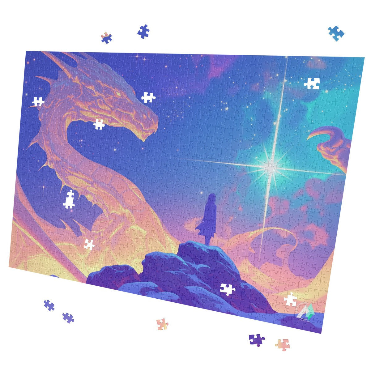 Supernal Gift Puzzle: A 500 or 1000-piece jigsaw featuring a girl on a rock with a dragon and star, crafted on premium ivory cardboard.