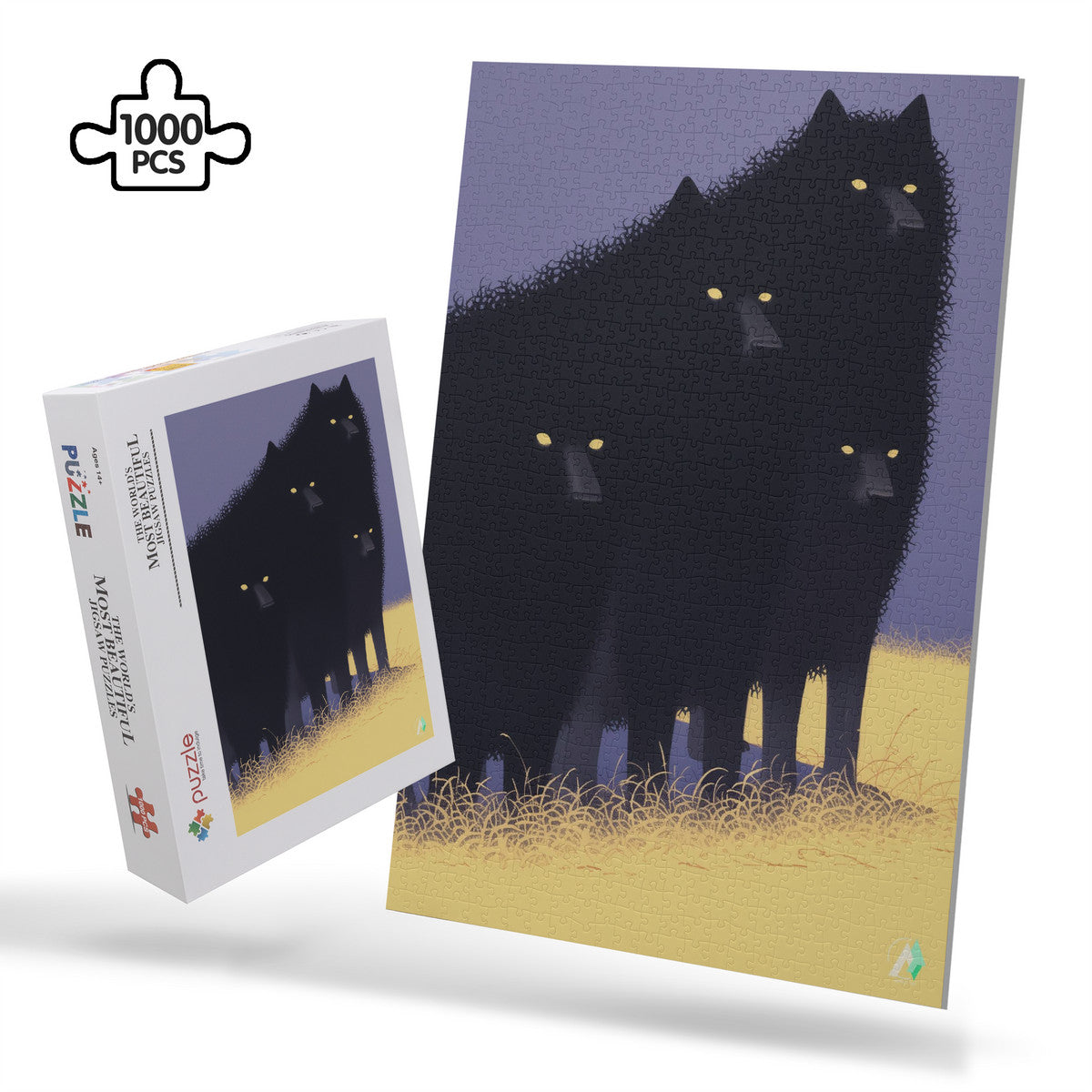 Hounds Unleashed VIII Puzzle featuring wolves, available in 500 and 1000 pieces, crafted from premium ivory cardboard with artwork by @shinjoku13 on Instagram.