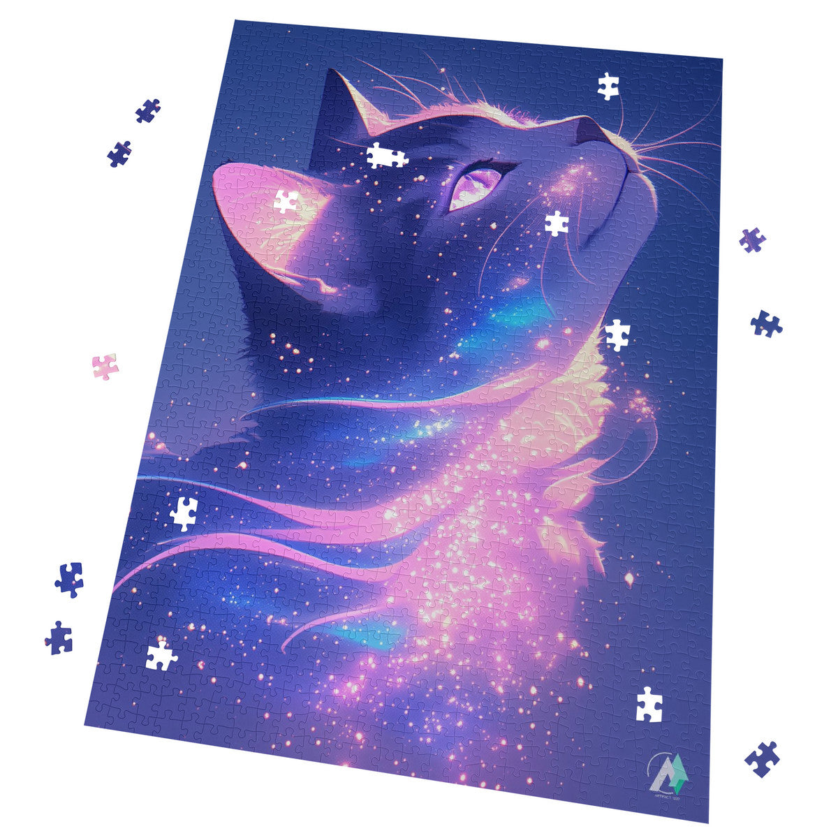 Milky Way Meow V Puzzle showcases a cat-themed jigsaw puzzle, available in 500 and 1000 pieces, crafted from premium ivory cardboard.