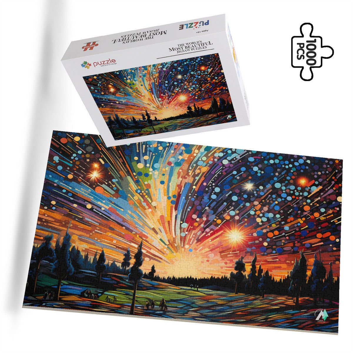 Meteor Shower Puzzle featuring vibrant artwork by @aihabit, available in 500 and 1000 pieces, crafted from premium ivory cardboard with satin finish.