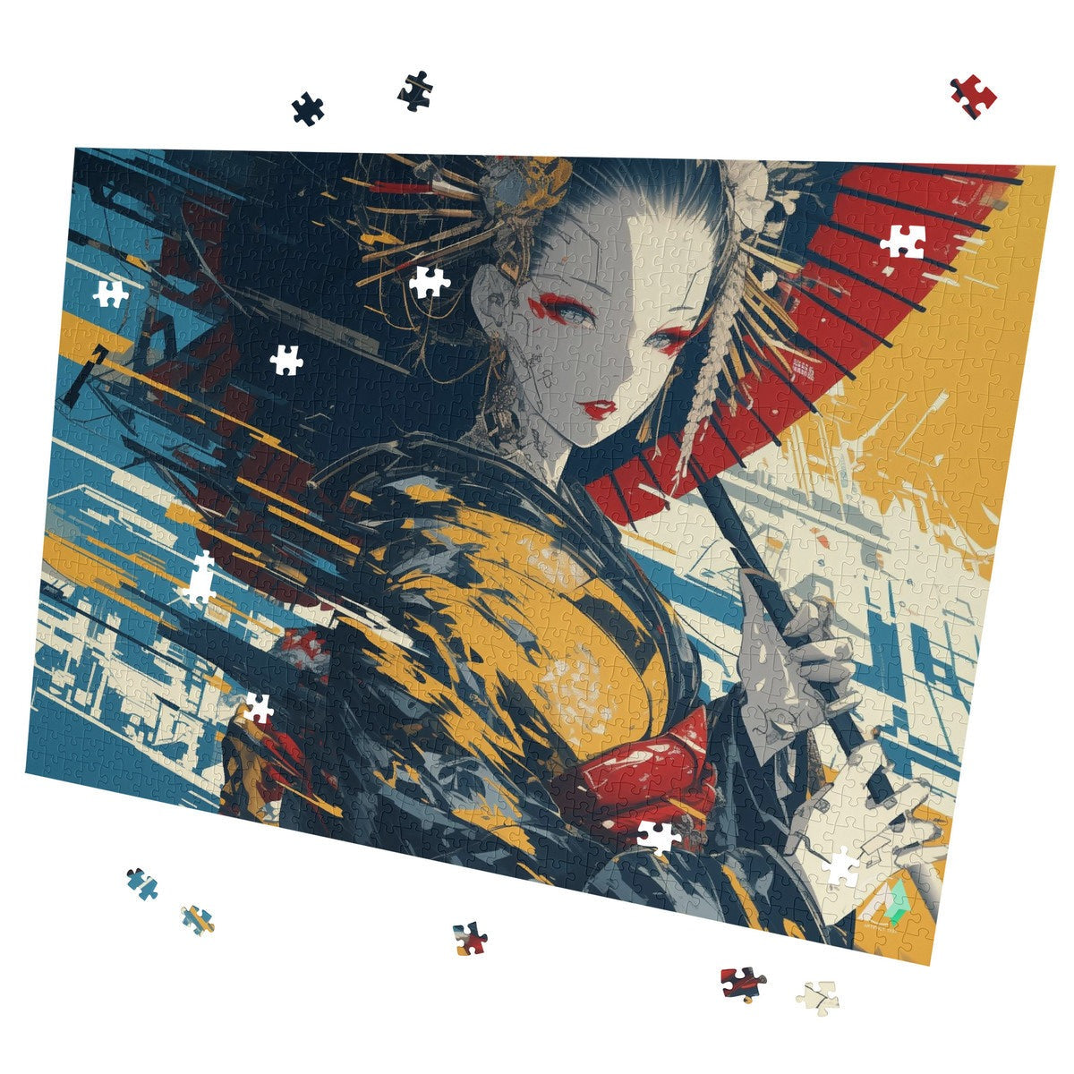 Geisha Borg Puzzle featuring a woman Japanese geisha robot holding an umbrella with intricate details, available in 500 or 1000 pieces. Artwork by @shinjoku13.