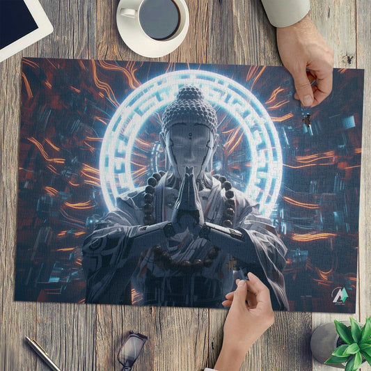 Cybernetic Monk II Puzzle featuring intricate artwork with a cyborg monk and glowing circle, available in 500 or 1000 pieces, crafted from premium ivory cardboard.