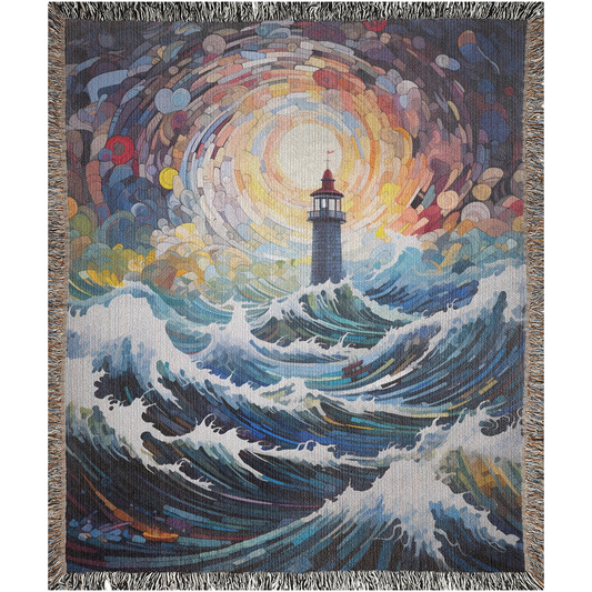 Lighthouse vs Cyclone Woven Blanket featuring a lighthouse in the ocean, showcasing intricate art on a luxurious cotton fabric.