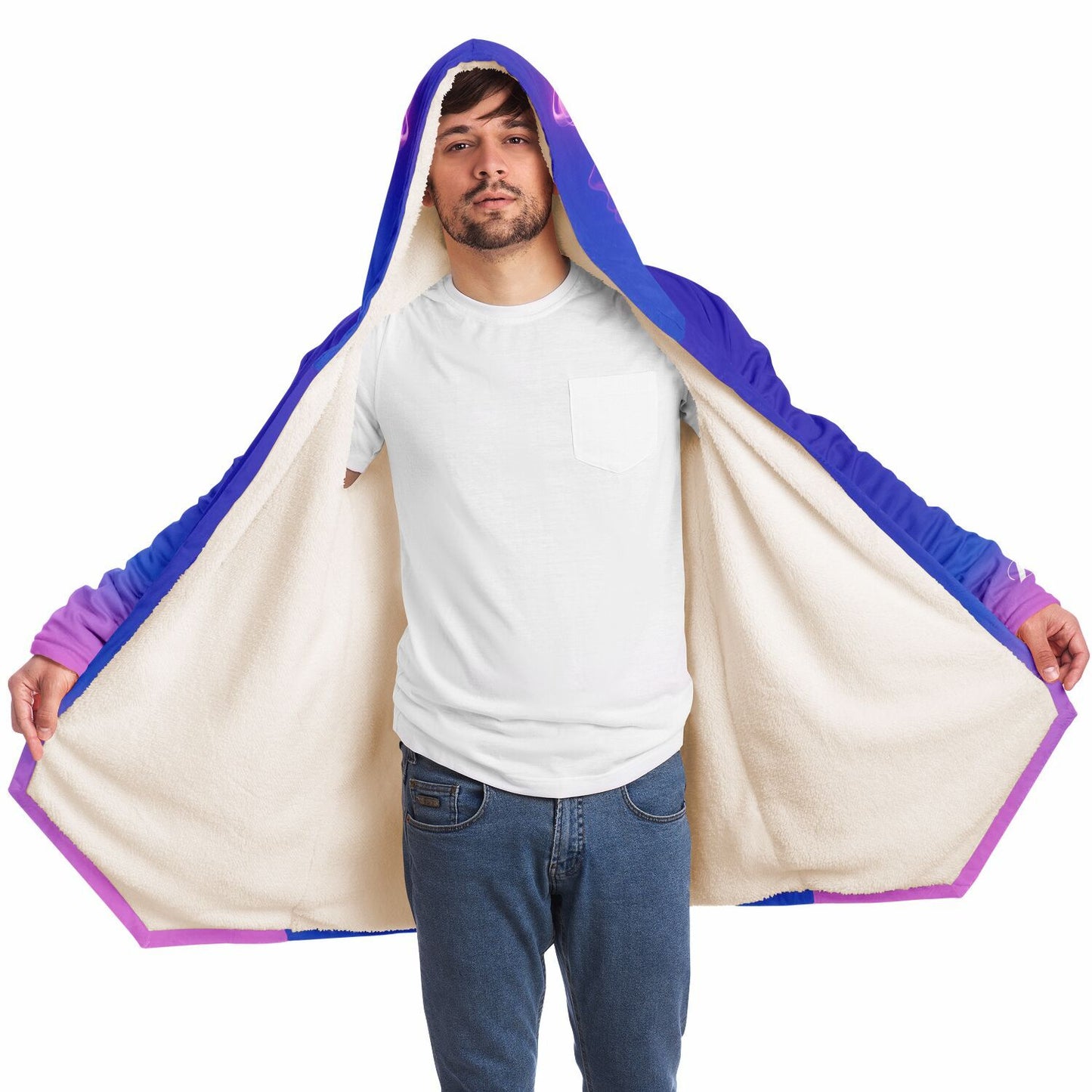 A man wearing the Ethereal Gem 1337 Cloak, showcasing its hooded design and luxurious fabric, perfect for warmth and style on chilly days.