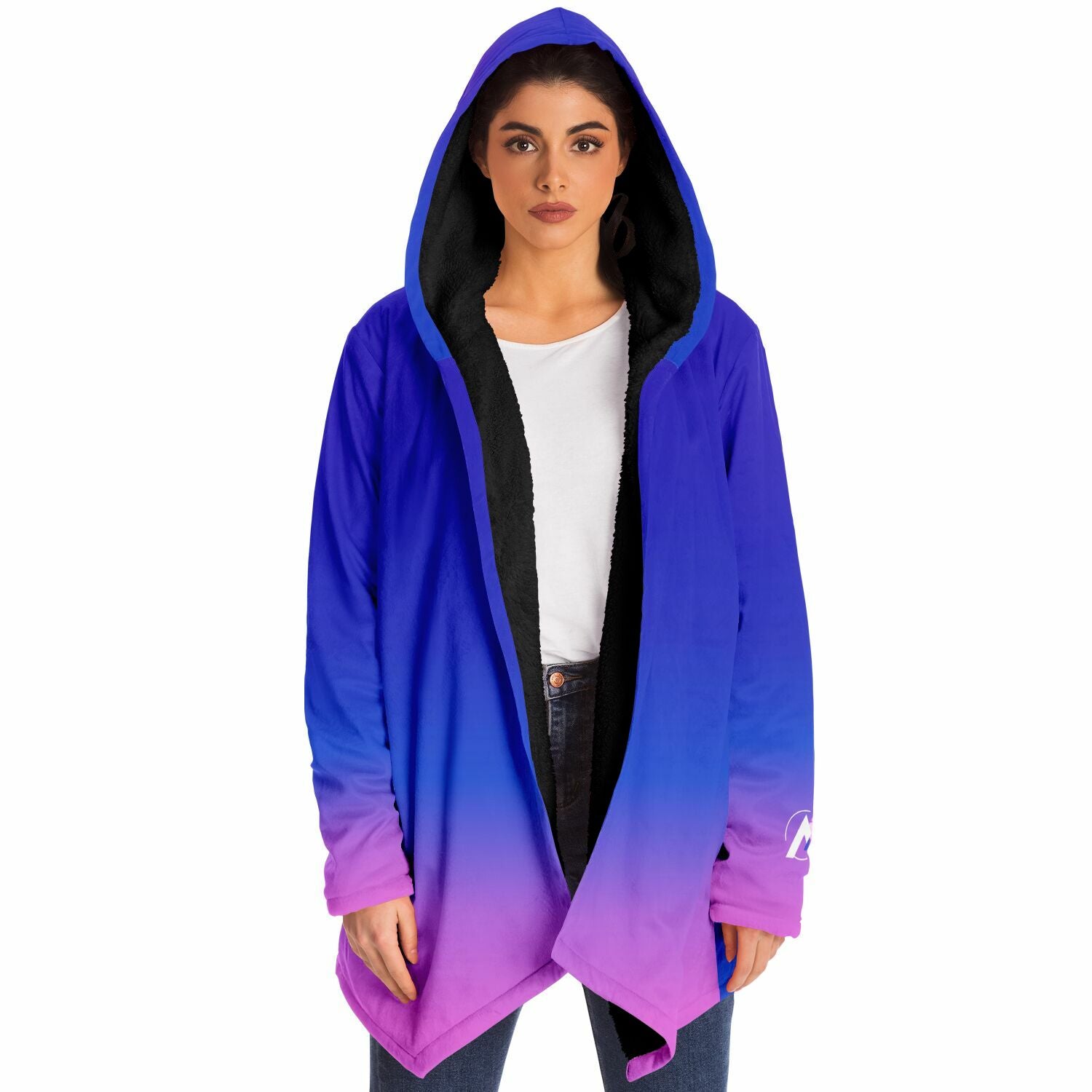 A woman wearing the Ethereal Gem 1337 Cloak, showcasing its hooded design and luxurious fabric, perfect for warmth and style on chilly days.